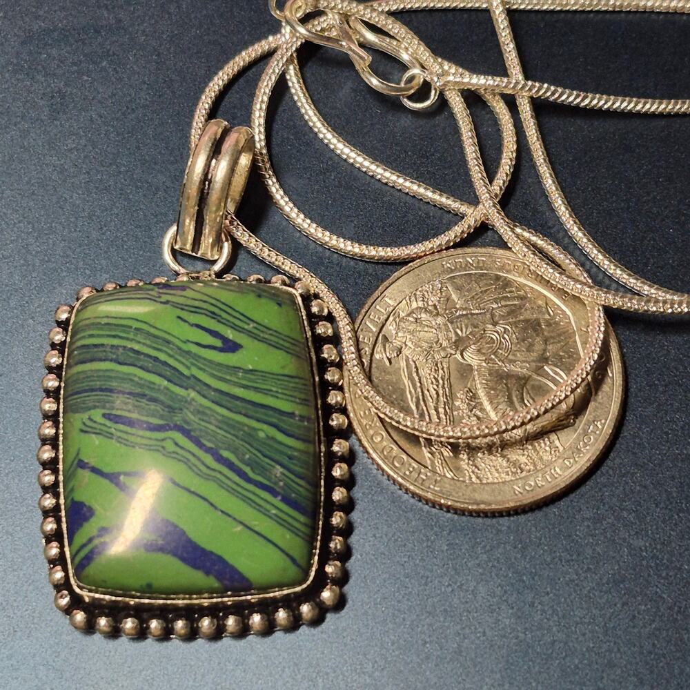 Malachite Pendant Necklace, 1" Handset 925 Sterling Silver, SS 18" Snake Chain